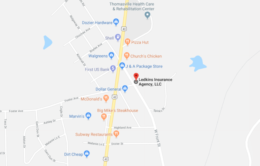 Map of Thomasville, AL and locale surrounding Ledkins Insurance Agency, LLC.